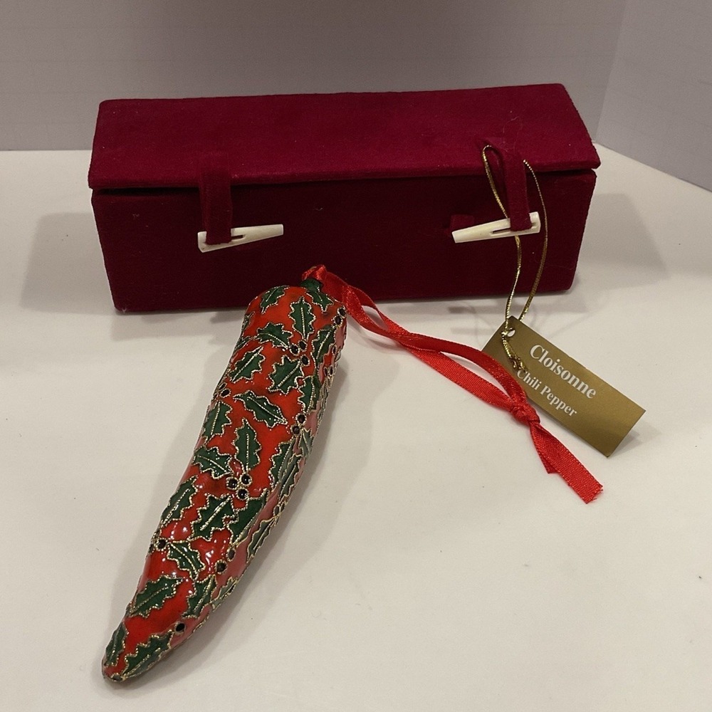 HTF Cloisonné Chili Pepper Christmas Ornament Holly Enamel Original Box & Tag